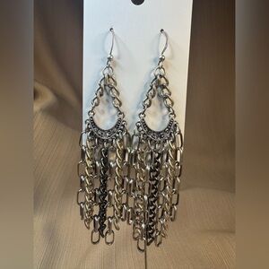 Silver and Black Chain Dangle Earrings with Rhinestone Accents